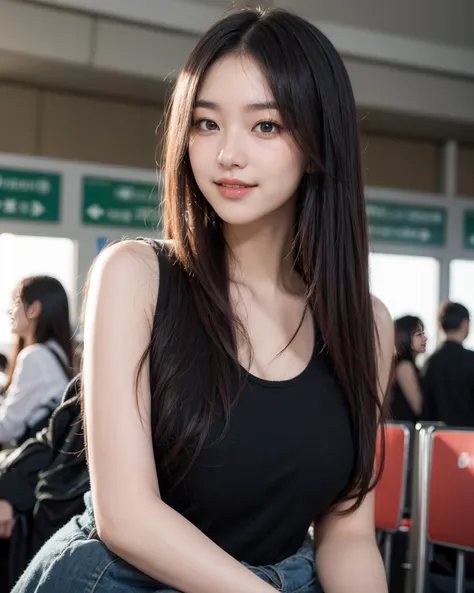 1 beautiful japanese young girl, ((beautiful)), (young), solo, asymmetrical, airport, indoors, light, arm at side, 1 girl, adult (elven:0.7) woman, coral eyes, auburn textured hair, long straight hair, ombre, smile