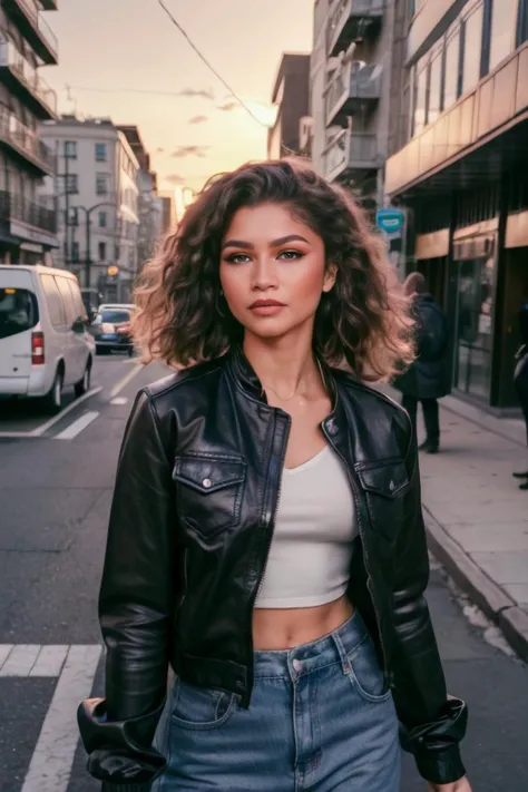 (realistic), (hyperrealism), (photorealistic:1.4), xzen, 1girl, looking at the viewer, eye makeup, detailed eyes, detailed face, (upper body:1.2), detailed background, black jacket, walking at the city streets, sunset, (windy:1.2) <lora:xzendaya:1>