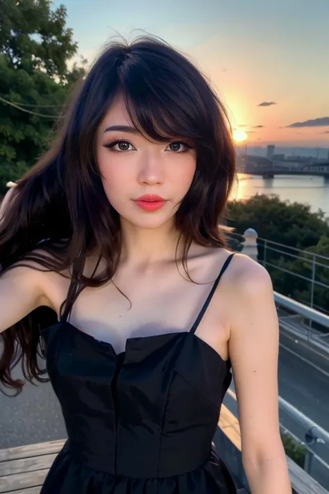 (realistic), (hyperrealism), (photorealistic:1.4), best quality, masterpiece, xemi, 1girl, looking at the viewer, makeup, detailed eyes, detailed face, (upper body:1.2), black dress, walking at the bridge, sunset, fall season, (windy:1.2) <lora:xemi:1>