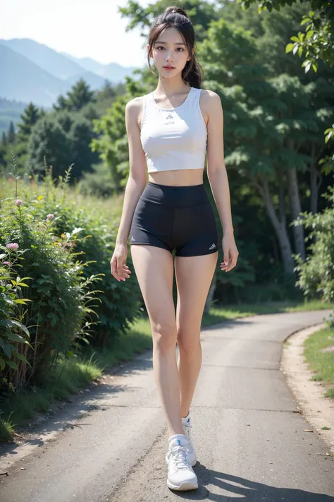 full body shot, 1girl, skinny, thigh gap, high ponytail, (wearing spandex crop top, high waist shorts, white sneakers), looking at viewer, going on a hike, beautiful hiking trail, intricate scenery, (Style-DoF:1.2),
BREAK
best quality, masterpiece:1.2), (realistic, photo realistic:1.2), highres, extremely detailed CG unity 8k wallpaper, (real skin texture, detailed skin),