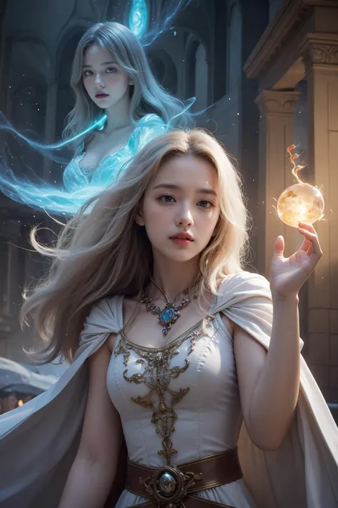 a magical city, ((a mysterious, beautiful sorceress)), absurdly long hair, hair turning white, (((practicing magic, magic spell, magical energy))), (swirling magical energy:1.4), powerful, cape, hood, glowing runes|orbs, (fantasy art) spectacular magic, intricate, magic powers, majestic, colorful magical lights, mystical, surreal, [masterpiece, best quality, highres, 8k, realistic, photo realistic, highly detailed, detailed real skin texture, perfect anatomy, Moist eyes, Moist lips],
<lora:intricatedetails:0.4>
style-nebmagic