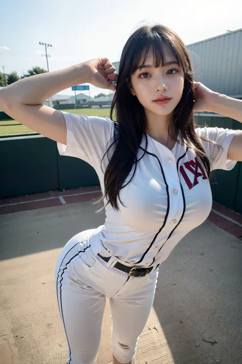 Adorable and cute, happy, 18years, small breasts, japanaese girl, Upper body, (cheerleader baseball uniform、Wet and see-through panties, cheerleader)、Mansuji, arms up, baseball stadium, Low contrast, Looking at Viewer, (Smile embarrassedly:0.8), Twin-tailed, hair scrunchie, Shiny skin, Best Quality, 超A high resolution, photographrealistic, ultra-detailliert, 8K, Raw photo, masuter piece, standing, spreading legs
