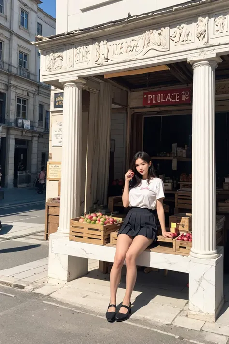1girl,pleated skirt,shirt lift,spread legs,a stall selling apples, box of apples, apple cart, market stall,A place inspired by classic Greek and Roman architecture, with marble columns and grand statues,