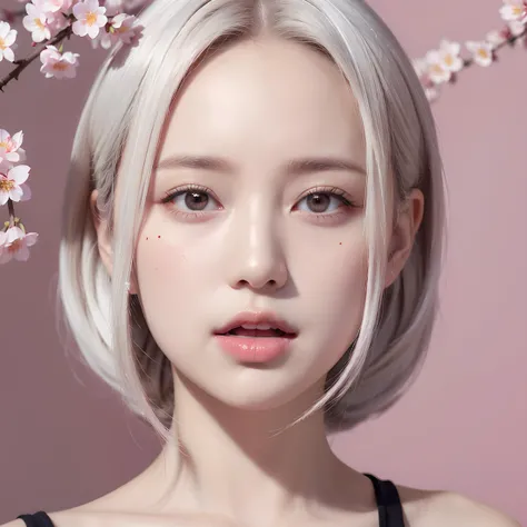 1girl,student,fair_skin,thin,slender face,white hair,lipstick,big breasts,mole_under_eye,black_nails,collarbonea,wallpaper,incredibly absurdres,(sakura:1.1),[pink background:5],