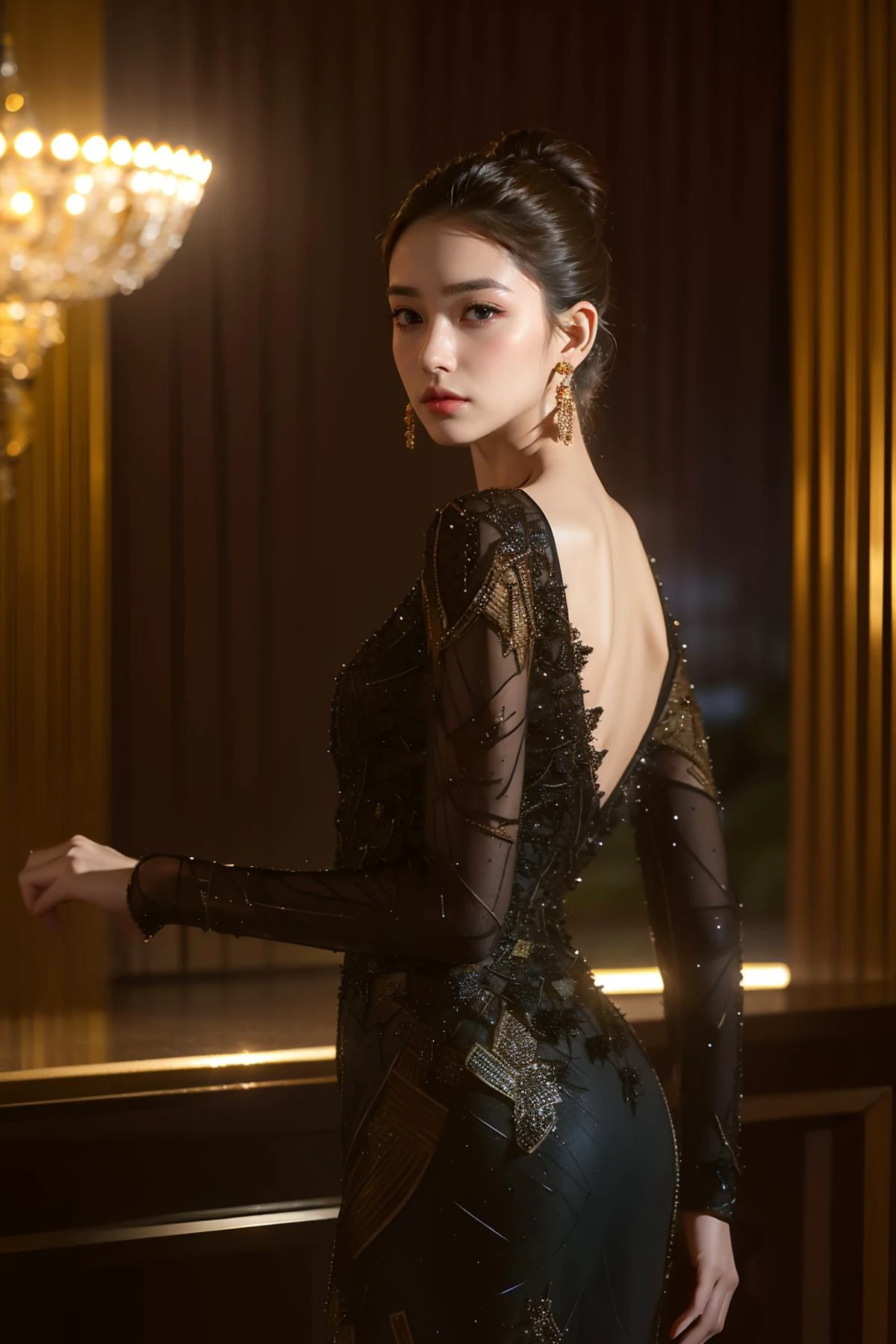 aerial view, view from behind, looking back, 1girl, fair skin, big blue eyes, brunette, long hair, updo, beautiful make up (coral eyeshadow, black eyeliner, glowing face highlighter, rose blush, dark peach lipstick), intricate gold earrings, (skinny, small waist, petite body), high-class clothing, dress, (black dress:1.3), long sleeves, intricate texture, ((high dress detail)), looking at viewer, dynamic angle, (OverallDetail), luxury modern hotel room interior background, global illumination,
BREAK
eye level shot, (best quality, masterpiece:1.3), (photo realistic:1.2), (cinematic lighting), (realistic skin, Detailed shiny skin), (best shadow), detailed background, (normal physical expression, perfect anatomy), ultra high res, UHD, high detail color photo, extremely detailed CG unity 8k wallpaper, sharp natural focus, absurdres, Moist eyes, Moist lips,
<lora:intricatedetails:0.3>
<lora:lbc_black_dress_240330_v1.0:1>
<lora:Gloss_Tweaker_V2:0.2>
