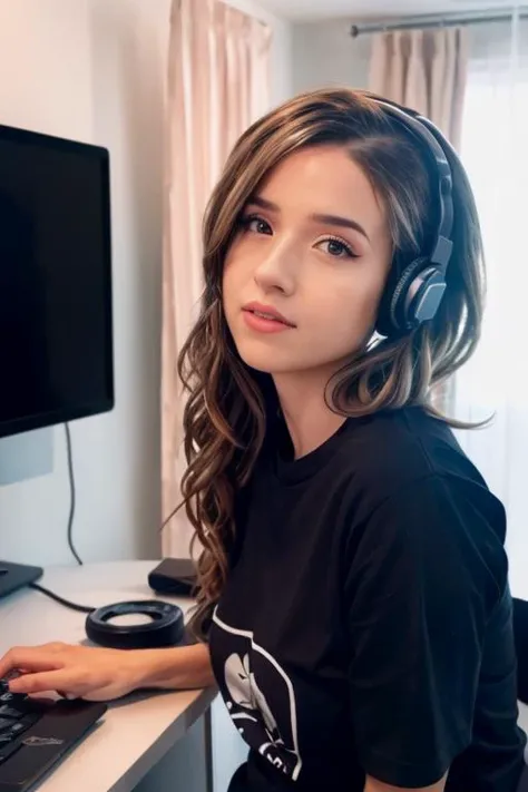 (realistic), (hyperrealism), (photorealistic:1.4), best quality, masterpiece, xpoki, 1girl, looking at the viewer, makeup, detailed eyes, detailed face, (upper body:1.2), black shirt, headset, at her room, playing computer, <lora:xpoki:1>