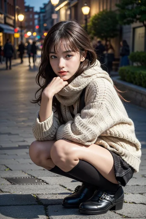 at night, beautiful young woman, cute, large rustic garden, squatting, bag on floor, rustic cobblestone garden path, wind, breeze, enchanting, attractive eyes, ((long straight brown hair, short wispy bangs)), muted tones, (wearing cozy oversized jacket, plaid knit scarf, black skirt, pantyhose, black flat shoes), waist up,
(Masterpiece:1.4, Photo realistic:1.4), 8K, High Quality, Incredibly Detailed, (realistic skin, Detailed shiny skin), Cinematic lighting, best shadow, (normal expression, perfect anatomy:1.8), glossy lips, skinny, <lora:epi_noiseoffset2:1>
