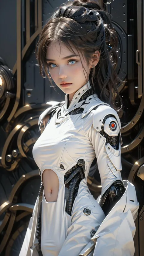 1 girl,(8k, best quality, masterpiece:1.2), (realistic, photo-realistic:1.37), ultra-detailed,beautiful detailed sky,(nose blush),beautiful detailed eyes,small breasts,slim body,
athlete,high ponytail,seductive smile ,walking,top down,no bra,see-through,
(best quality),((an extremely delicate and beautiful)),((Chest covered)),cinematic light,(1mechanical girl),((upper torso hanging by wires)),((Hanging by wires and tubes)),(machine made joints:1.2),((mechanical limbs)),(blood vessels connected to tubes),(mechanical vertebra attaching to back),((mechanical cervical attaching to neck)),(chest covered),(wires and cables attaching to neck:1.2),(wires and cables on head:1.2),(character focus),science fiction,
reelmech,<lora:Reel_mechanical_parts_v_1_3:1.0>,
black hair,blue eye,fashi-girl,red lips,makeup,realistic,fashigirl, vivian, dataset,<lora:mix_fashiongirl:1.0>,<lora:add_detail:0.2>