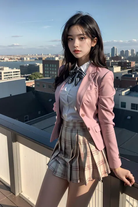 ((RAW photo:1.2)), ((masterpiece:1.2, best quality)), highres, 8k, (realistic, photo-realistic:1.4), naturalness, ultra detailed, physically-based rendering, beauty, detailed beautiful eyes and detailed face, (best shadow), (exquisitely detailed real skin texture, Detailed glossy skin), (normal physical expression, perfect anatomy:1.7), (cinematic lighting), Moist lips,
break
1girl, black hair, small head, very long hair, curly hair, rooftop bar, skyline view, medium breasts, (checkered skirt), skirt, (uniform), (white shirt), (pink blazer: 1.1), Partially undone, thighs, (ribbon tie), slim legs, standing, slender silhouette enhanced, city lights twinkling