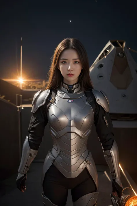 (realistic),(hyperrealism),best quality,masterpiece,ultra high res,(photorealistic:1.4),
spacecraft,solar flare,universe,
1girl,skinny,slim,looking at viewer,
xuer plate armor,<lora:~Q?-sNK xuer plate armor:0.8>,
