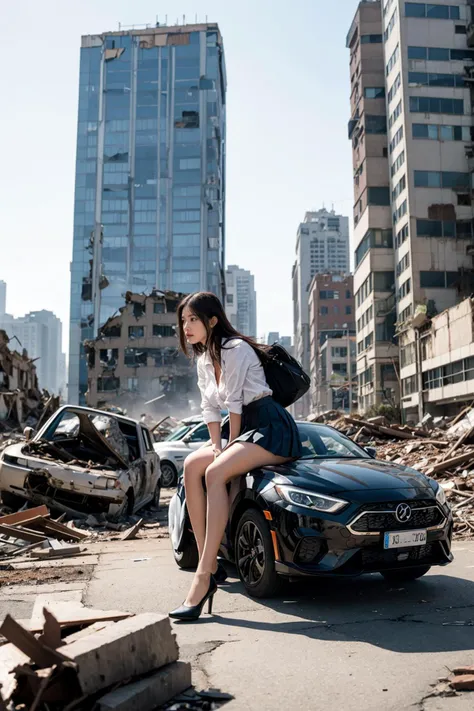 1girl,pleated skirt,shirt lift,spread legs,rubble ruins,A bustling futuristic metropolis with flying cars and advanced public transportation systems,