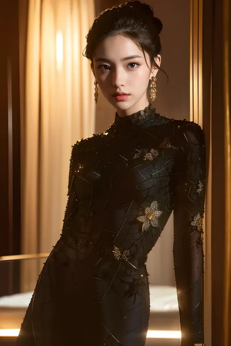 full body, 1girl, fair skin, big blue eyes, brunette, long hair, updo, beautiful make up (coral eyeshadow, black eyeliner, glowing face highlighter, rose blush, dark peach lipstick), intricate gold earrings, (skinny, small waist, petite body), high-class clothing, dress, (black dress:1.3), long sleeves, intricate texture, ((high dress detail)), looking at viewer, sitting, dynamic angle, (OverallDetail), luxury modern hotel room interior background,
BREAK
eye level shot, (best quality, masterpiece:1.3), (photo realistic:1.2), (cinematic lighting), (realistic skin, Detailed shiny skin), (best shadow), detailed background, (normal physical expression, perfect anatomy), ultra high res, UHD, high detail color photo, extremely detailed CG unity 8k wallpaper, sharp natural focus, absurdres, Moist eyes, Moist lips,
<lora:intricatedetails:0.3>
<lora:lbc_black_dress_240330_v1.0:1>
<lora:Gloss_Tweaker_V2:0.2>