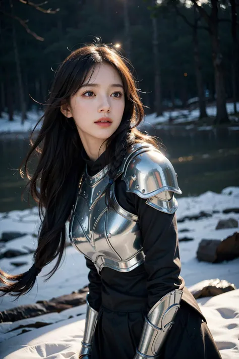 (best quality, masterpiece:1.2), (realistic, photo realistic:1.3), UHD, high detail color photo, extremely detailed CG unity 8k wallpaper, sharp focus, (best shadow), (detailed background), (realistic skin), perfect anatomy, (cinematic lighting), glossy lips,
BREAK
(female warrior, , size d breast, twin braidedbob hair, wear a long armor dress), winter (Celestial luminescent lake), soft dim lighting, deep dark, deep night, unstable atmospheric, depth of field, Precise and delicate color combination, (action, motion blur)