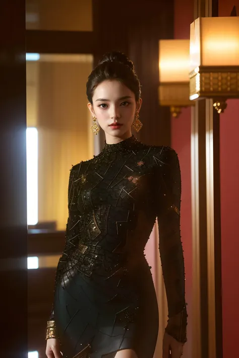 1girl, fair skin, big blue eyes, brunette, long hair, updo, beautiful make up (coral eyeshadow, black eyeliner, glowing face highlighter, rose blush, dark peach lipstick), intricate gold earrings, (skinny, small waist, petite body), high-class clothing, dress, (black dress:1.3), long sleeves, intricate texture, ((high dress detail)), looking at viewer, dynamic angle, (OverallDetail), luxury modern hotel room interior background,
BREAK
eye level shot, (best quality, masterpiece:1.3), (photo realistic:1.2), (cinematic lighting), (realistic skin, Detailed shiny skin), (best shadow), detailed background, (normal physical expression, perfect anatomy), ultra high res, UHD, high detail color photo, extremely detailed CG unity 8k wallpaper, sharp natural focus, absurdres, Moist eyes, Moist lips,
<lora:intricatedetails:0.3>
<lora:lbc_black_dress_240330_v1.0:1>
<lora:Gloss_Tweaker_V2:0.4>