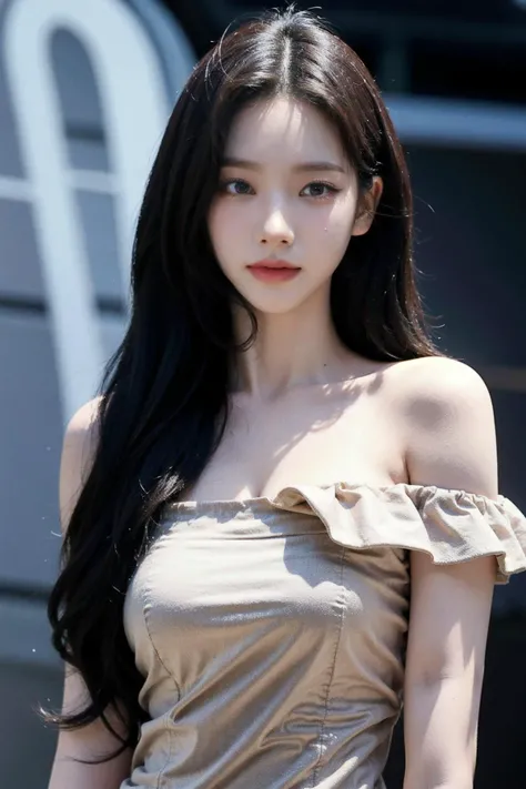masterpiece, best quality, ultra-detailed, ultra high res, (photorealistic:1.4), raw photo, (realistic:0.2), 8k HDR, realistic lighting, 1girl, solo, looking at viewer, asymmetrical hair, (detailed pores), (detailed skin textures), (detailed face), (fantasy background), (upper body:1.2), off_shoulder sleeveless dress, fabric dress,
