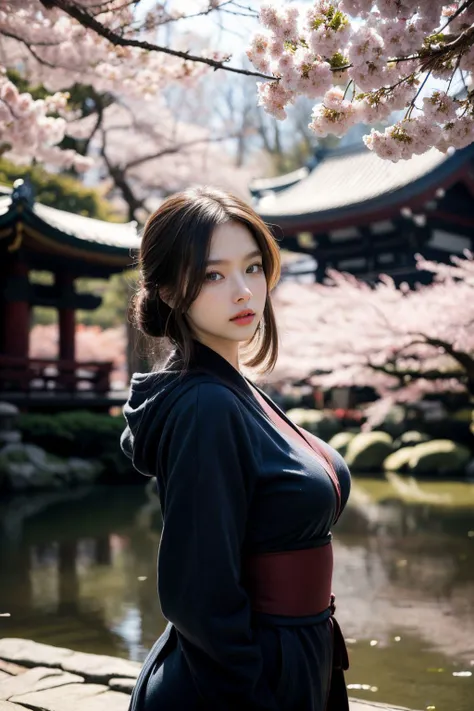 (RAW photo:1.2), (photorealistic:1.4), (masterpiece:1.3), (best quality:1.4), ultra high res, HDR, 8k resolution, absurdres:1.2, Kodak Portra 400, film grain, 1girl, looking at distance, violet evergarden, huge breast, slender, ulzzang-6500-v1.1, blue hair, hairdo, long hair, black hoodie, standing, (blue eyes), (glowing eyes), (pale skin:1.2), red lips, (Japanese garden, autumn, cherry blossom, temple, fractal art:1.3), <lora:2BCosplay:0.33>, <lora:violet_evergarden_v1:0.6>, <lora:add_detail:0.8>,