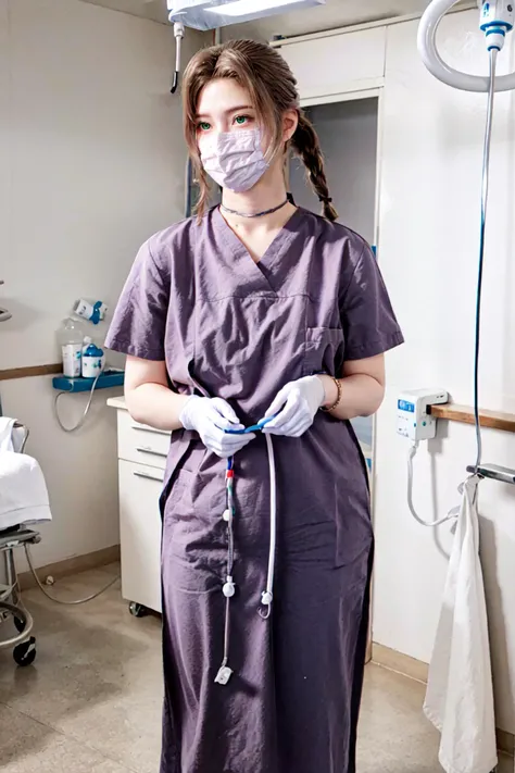 <lora:MIAOKA_Aerith:0.8>, ((aerith gainsborough, choker, hair bow, bracelet, sidelocks, parted bangs, braid)):1.25,
<lora:surgical_nurse_PPT_V1.0:0.9>, (surgical_nurse_ppt, 1girl, surgical mask, gloves, long dress, nurse, blue dress):1.23,
BREAK 1woman, (young woman), adorable, clear face, solo, (((full body))):1.35, ((curvy body, slender, ponytail hairs, multicolor brown hairs, green eyes)):1.2,
BREAK soft light, light on face, cinematic lighting, detailed(shadow),
BREAK <lora:add_detail:0.4>, extremely detailed, CG, finely detailed, (masterpiece, best quality):2.0, ((photorealistic:1.15)),
BREAK <lora:uber_saggy2:0.68>, saggy, sagging_breasts, ((huge breasts)), <lora:Front face lighting åé¢ã©ã¤ãã¢ãã v2:0.5>,
detailed(surgery room, hospital) , indoors, syringe, surgery bed, surgical equipment,