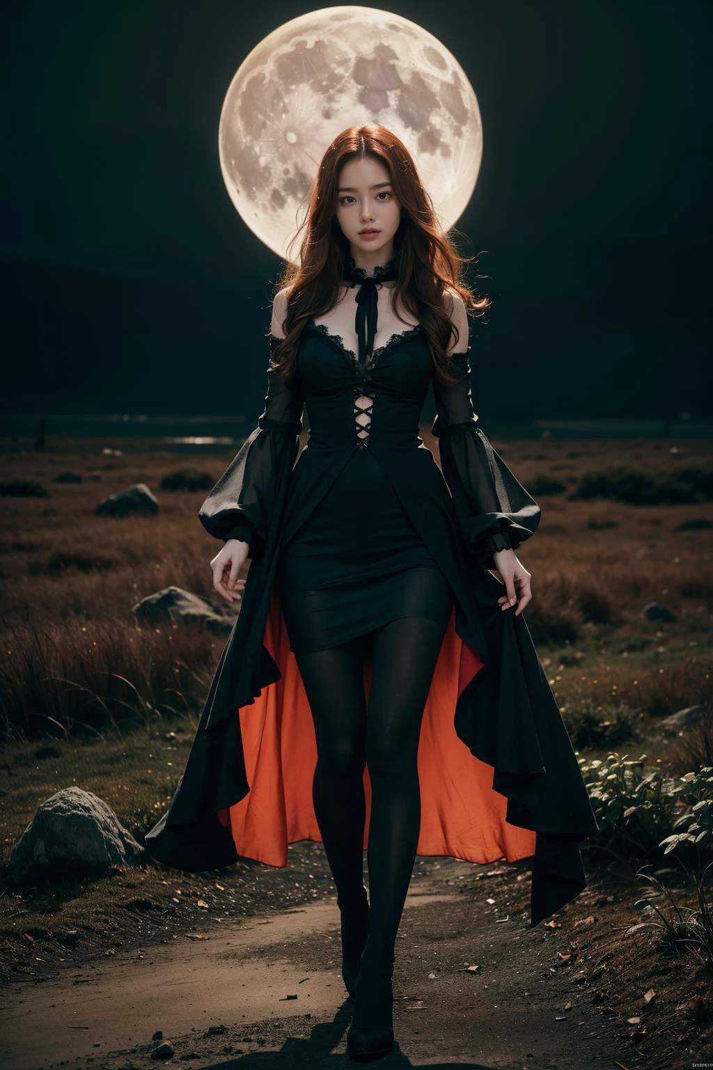 (8k, RAW photo, best quality, masterpiece:1.2), (realistic, photo realistic:1.3), UHD, high detail RAW color photo, extremely detailed CG unity 8k wallpaper, sharp focus, (realistic detailed skin), perfect anatomy, (cinematic lighting),
BREAK
(((eerie setting, spooky atmosphere))), (1woman), (skinny hourglass body), (orange|black gothic style guipure lace top, vintage flare sleeve shawl top, long velvet skirt), pointed hat, (ginger hair color, long wavy hair), (glowing green eyes), (eerie setting, spooky atmosphere, neon red illumination, full moon, halloween pumpkin, dark sky, fog), (perfect posture, full-body, looking at viewer) <lora:intricatedetails:0.7>
