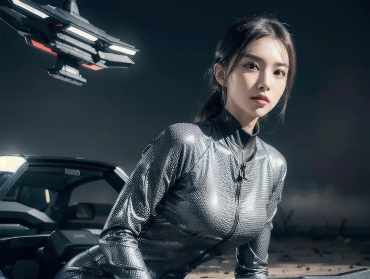 outdoor, ((upper body)), ((( wearing gray and black nano-suits)))+++, (wide hip:0.7, large breasts:0.8, perfect slender young girl body) ,Perfectly glossy skin ,25 yo mature girl, , picture of a vivid, (masterpiece:1.2),(extremely detailed),(8k:1.1),(perfect lighting,best quality,highres,original),(realistic photography:1.4) ,high detailed skin,shaded face, soft lighting, (small face),RAW, ultra highres, pores visible, , shiny_and_glossy_skin, asian beauty, (gorgeous beautiful 20 years old asian girl), ((best detailed slender body)), (asian idol, asian beauty, asian mixed), (complex, Machine background ,spaceship outdoors background, Mecha Transport parts:1.2), (dark and foggy environment:1.1), ((heavy fog environment:1.1)), (battlefield behind:1.2), <lora:JapaneseDollLikeness_v15:0.3>