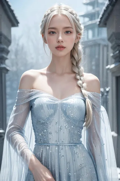 (pretty girl), (natural makeup), dark pink lips, ((white|platinum blonde hair color, single long french braid)), looking at viewer, she is wearing a ((crystal-blue off-the-shoulder dress made out of ice, a crystallized bodice, and translucent powder blue sleeves)) and a (long transparent floor-sweeping cape of sheer ice decorated with large snowflakes attached to the back of her bodice), skinny, petite body, small waist, winter, (snow), snowflakes, blizzard, magical ability, ice palace, arendelle,
BREAK
(8k, RAW photo, best quality, masterpiece:1.2), UHD, high detail RAW color photo, sharp focus, (real skin), perfect anatomy, perfectly detailed face and eyes, (moist eyes, moist lips), (cinematic) <lora:dynamic_shot_17_snowy:0.4>