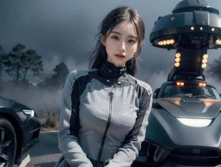 outdoor, ((upper body)), ((( wearing gray and black nano-suits)))+++, (wide hip:0.7, large breasts:0.8, perfect slender young girl body) ,Perfectly glossy skin ,25 yo mature girl, , picture of a vivid, (masterpiece:1.2),(extremely detailed),(8k:1.1),(perfect lighting,best quality,highres,original),(realistic photography:1.4) ,high detailed skin,shaded face, soft lighting, (small face),RAW, ultra highres, pores visible, , shiny_and_glossy_skin, asian beauty, (gorgeous beautiful 20 years old asian girl), ((best detailed slender body)), (asian idol, asian beauty, asian mixed), (complex, Machine background ,spaceship outdoors background, Mecha Transport parts:1.2), (dark and foggy environment:1.1), ((heavy fog environment:1.1)), (battlefield behind:1.2), <lora:JapaneseDollLikeness_v15:0.3>