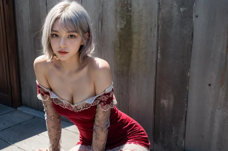 (best quality), (realistic:1.2), (masterpiece:1.2), CG, unity, 8k, amazing, finely detail, ultra-detailed, highres, absurdres, best shadow, ((cinematic light)), (1 girls), solo, cute, young, ((thigh:1.4)), ((short silver hair)), (mature face), (blue eyes), sexy body, (closed mouth:1.1), (medium breasts), ((sexy off shoulder red velvet dress)), beautiful detailed eyes and face, beautiful detailed nose, beautiful detailed hand, beautiful delicate glossy lips:0.8, (glossy skin:1.1), ((oily body skin:1.1)), (leaning against the wall of a building), ((lower body)), ((looking at viewer)), (street), ((bangs one eye covered))