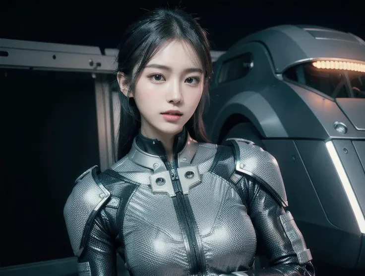 outdoor, ((upper body)), ((( wearing gray and black nano-suits)))+++, (wide hip:0.7, large breasts:0.8, perfect slender young girl body) ,Perfectly glossy skin ,25 yo mature girl, , picture of a vivid, (masterpiece:1.2),(extremely detailed),(8k:1.1),(perfect lighting,best quality,highres,original),(realistic photography:1.4) ,high detailed skin,shaded face, soft lighting, (small face),RAW, ultra highres, pores visible, , shiny_and_glossy_skin, asian beauty, (gorgeous beautiful 20 years old asian girl), ((best detailed slender body)), (asian idol, asian beauty, asian mixed), (complex, Machine background ,spaceship outdoors background, Mecha Transport parts:1.2), (dark and foggy environment:1.1), ((heavy fog environment:1.1)), (battlefield behind:1.2), <lora:JapaneseDollLikeness_v15:0.3>
