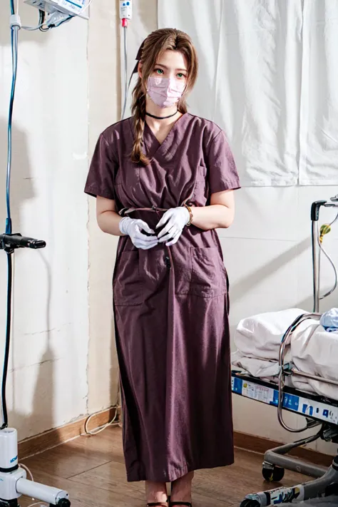 <lora:MIAOKA_Aerith:0.8>, ((aerith gainsborough, choker, hair bow, bracelet, sidelocks, parted bangs, braid)):1.25,
<lora:surgical_nurse_PPT_V1.0:0.9>, (surgical_nurse_ppt, 1girl, surgical mask, gloves, long dress, nurse, blue dress):1.23,
BREAK 1woman, (young woman), adorable, clear face, solo, (((full body))):1.35, ((curvy body, slender, ponytail hairs, multicolor brown hairs, green eyes)):1.2,
BREAK soft light, light on face, cinematic lighting, detailed(shadow),
BREAK <lora:add_detail:0.4>, extremely detailed, CG, finely detailed, (masterpiece, best quality):2.0, ((photorealistic:1.15)),
BREAK <lora:uber_saggy2:0.68>, saggy, sagging_breasts, ((huge breasts)), <lora:Front face lighting åé¢ã©ã¤ãã¢ãã v2:0.5>,
detailed(surgery room, hospital, surgery bed) , indoors, ((sweating)), syringe,