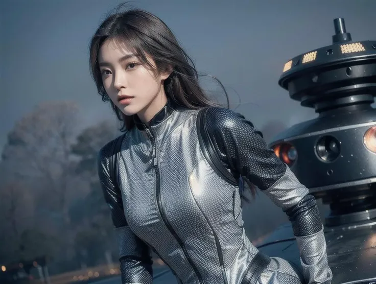 outdoor, ((upper body)), ((( wearing gray and black nano-suits)))+++, (wide hip:0.7, large breasts:0.8, perfect slender young girl body) ,Perfectly glossy skin ,25 yo mature girl, , picture of a vivid, (masterpiece:1.2),(extremely detailed),(8k:1.1),(perfect lighting,best quality,highres,original),(realistic photography:1.4) ,high detailed skin,shaded face, soft lighting, (small face),RAW, ultra highres, pores visible, , shiny_and_glossy_skin, asian beauty, (gorgeous beautiful 20 years old asian girl), ((best detailed slender body)), (asian idol, asian beauty, asian mixed), (complex, Machine background ,spaceship outdoors background, Mecha Transport parts:1.2), (dark and foggy environment:1.1), ((heavy fog environment:1.1)), (battlefield behind:1.2), <lora:JapaneseDollLikeness_v15:0.3>