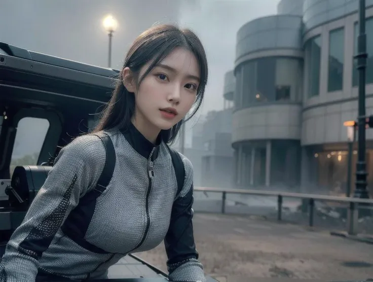 outdoor, ((upper body)), ((( wearing gray and black nano-suits)))+++, (wide hip:0.7, large breasts:0.8, perfect slender young girl body) ,Perfectly glossy skin ,25 yo mature girl, , picture of a vivid, (masterpiece:1.2),(extremely detailed),(8k:1.1),(perfect lighting,best quality,highres,original),(realistic photography:1.4) ,high detailed skin,shaded face, soft lighting, (small face),RAW, ultra highres, pores visible, , shiny_and_glossy_skin, asian beauty, (gorgeous beautiful 20 years old asian girl), ((best detailed slender body)), (asian idol, asian beauty, asian mixed), (complex, Machine background ,spaceship outdoors background, Mecha Transport parts:1.2), (dark and foggy environment:1.1), ((heavy fog environment:1.1)), (battlefield behind:1.2), <lora:JapaneseDollLikeness_v15:0.3>