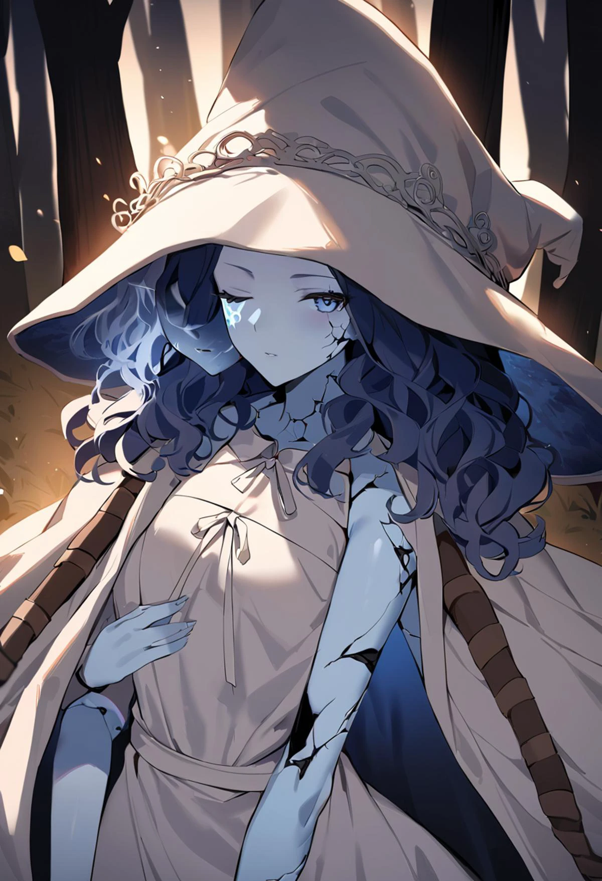 masterpiece, best quality, 1girl, <lora:RanniXLV2:1> IncrsXLRanni, wavy hair, cracked skin, colored skin, blue skin, (extra faces:1.2), extra arms, doll joints, white dress, hat, cloak, night, forest, looking at viewer, closed eyes