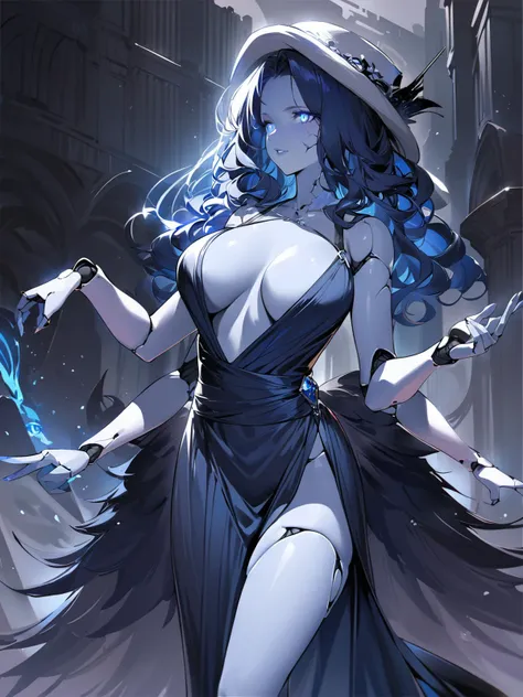 ethereal fantasy concept art of  masterpiece,best quality,1girl,IncrsXLRanni,<lora:RanniXLV2:1>,evening gown,hat,(extra arms),(extra faces),colored skin,blue skin,blue eyes,glowing eyes,epic,moody background,large breasts,wavy hair,cracked skin,doll,joints,doll joints, . magnificent