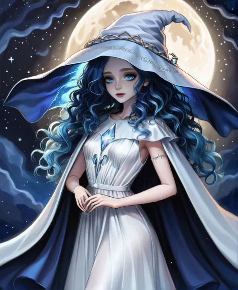 masterpiece, 1girl, IncrsXLRanni, wavy hair, blue skin, cracked skin, extra arms, (extra faces:1.3), joints, doll joints, white dress, hat, cloak, night, crescent moon, fantasy, drawing, artwork, <lora:RanniXLV2:1>