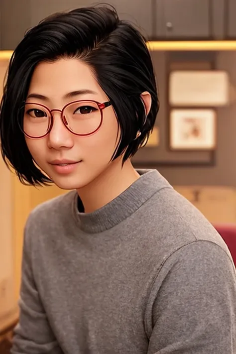 alexchen,1girl, solo, glasses, jewelry, realistic, blurry background, brown eyes, black hair, earrings, nose, necklace, shirt, lips, short hair, happy, mole, black shirt, piercing, sweater, sitting