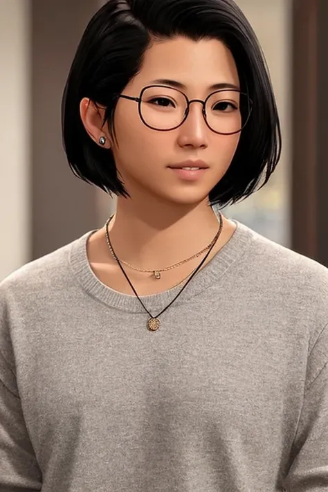 alexchen,1girl, solo, glasses, jewelry, realistic, blurry background, brown eyes, black hair, earrings, blurry, nose, necklace, shirt, lips, short hair, closed mouth, mole, black shirt, piercing, sweater, seated