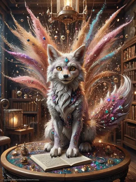 award winning photograph of a kitsune with cunning intelligence made of ais-glttrbmb in wonderland, magical, whimsical, fantasy art concept, steampunk, intricate details, best quality, masterpiece, ultra shartp, hyper realistic, realism <lora:ais-glttrbmb-sdxl:0.8>