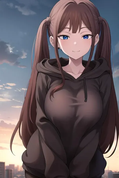 tsubamentr, <lyco:tsubamentr-lyco-nochekaiser:1>,
tsubame ntr, long hair, blue eyes, brown hair, twintails, (large breasts:1.2), smile,
BREAK long sleeves, jewelry, pantyhose, earrings, hood, black pantyhose, hoodie, hood down, ear piercing, watch, blue hoodie,
BREAK outdoors, city,
BREAK looking at viewer, (cowboy shot:1.5),
BREAK <lyco:GoodHands-beta2:1>, (masterpiece:1.2), best quality, high resolution, unity 8k wallpaper, (illustration:0.8), (beautiful detailed eyes:1.6), extremely detailed face, perfect lighting, extremely detailed CG, (perfect hands, perfect anatomy),
