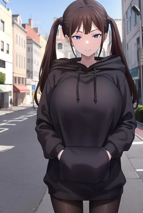 tsubamentr, <lyco:tsubamentr-lyco-nochekaiser:1>,
tsubame ntr, long hair, blue eyes, brown hair, twintails, (large breasts:1.2), smile,
BREAK long sleeves, jewelry, pantyhose, earrings, hood, black pantyhose, hoodie, hood down, ear piercing, watch, blue hoodie,
BREAK outdoors, city,
BREAK looking at viewer, (cowboy shot:1.5),
BREAK <lyco:GoodHands-beta2:1>, (masterpiece:1.2), best quality, high resolution, unity 8k wallpaper, (illustration:0.8), (beautiful detailed eyes:1.6), extremely detailed face, perfect lighting, extremely detailed CG, (perfect hands, perfect anatomy),