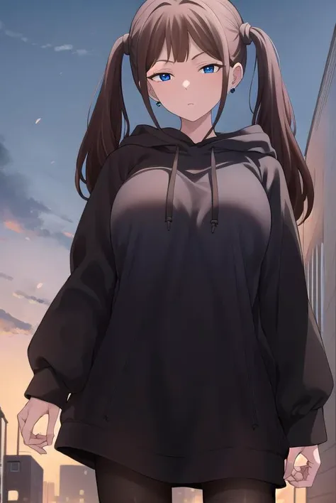 tsubamentr, <lyco:tsubamentr-lyco-nochekaiser:1>,
tsubame ntr, long hair, blue eyes, brown hair, twintails, (large breasts:1.2), smile,
BREAK long sleeves, jewelry, pantyhose, earrings, hood, black pantyhose, hoodie, hood down, ear piercing, watch, blue hoodie,
BREAK outdoors, city,
BREAK looking at viewer, (cowboy shot:1.5),
BREAK <lyco:GoodHands-beta2:1>, (masterpiece:1.2), best quality, high resolution, unity 8k wallpaper, (illustration:0.8), (beautiful detailed eyes:1.6), extremely detailed face, perfect lighting, extremely detailed CG, (perfect hands, perfect anatomy),