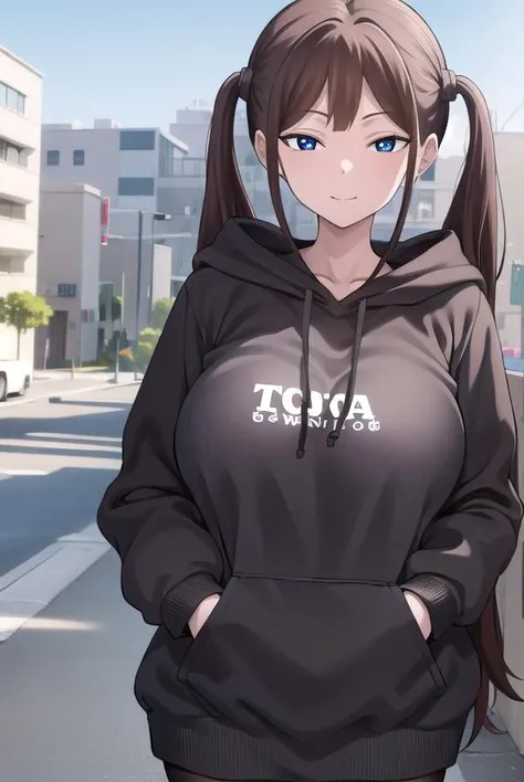 tsubamentr, <lyco:tsubamentr-lyco-nochekaiser:1>,
tsubame ntr, long hair, blue eyes, brown hair, twintails, (large breasts:1.2), smile,
BREAK long sleeves, jewelry, pantyhose, earrings, hood, black pantyhose, hoodie, hood down, ear piercing, watch, blue hoodie,
BREAK outdoors, city,
BREAK looking at viewer, (cowboy shot:1.5),
BREAK <lyco:GoodHands-beta2:1>, (masterpiece:1.2), best quality, high resolution, unity 8k wallpaper, (illustration:0.8), (beautiful detailed eyes:1.6), extremely detailed face, perfect lighting, extremely detailed CG, (perfect hands, perfect anatomy),