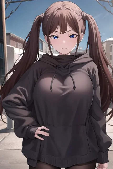 tsubamentr, <lora:tsubamentr-lora-nochekaiser:1>,
tsubame ntr, long hair, blue eyes, brown hair, twintails, (large breasts:1.2), smile,
BREAK long sleeves, jewelry, pantyhose, earrings, hood, black pantyhose, hoodie, hood down, ear piercing, watch, blue hoodie,
BREAK outdoors, city,
BREAK looking at viewer, (cowboy shot:1.5),
BREAK <lyco:GoodHands-beta2:1>, (masterpiece:1.2), best quality, high resolution, unity 8k wallpaper, (illustration:0.8), (beautiful detailed eyes:1.6), extremely detailed face, perfect lighting, extremely detailed CG, (perfect hands, perfect anatomy),