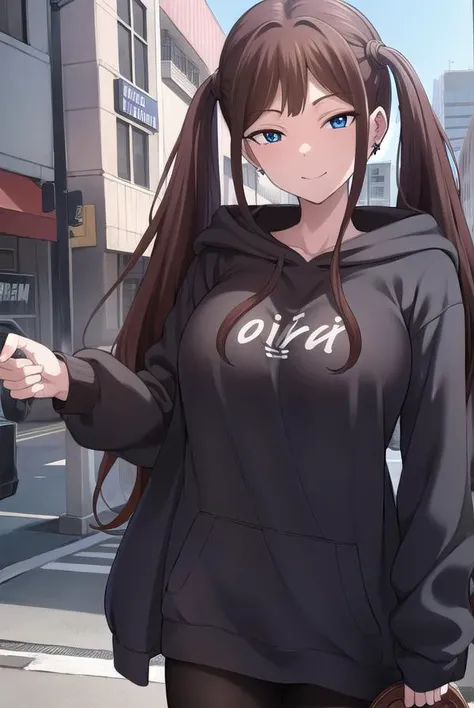 tsubamentr, <lyco:tsubamentr-lyco-nochekaiser:1>,
tsubame ntr, long hair, blue eyes, brown hair, twintails, (large breasts:1.2), smile,
BREAK long sleeves, jewelry, pantyhose, earrings, hood, black pantyhose, hoodie, hood down, ear piercing, watch, blue hoodie,
BREAK outdoors, city,
BREAK looking at viewer, (cowboy shot:1.5),
BREAK <lyco:GoodHands-beta2:1>, (masterpiece:1.2), best quality, high resolution, unity 8k wallpaper, (illustration:0.8), (beautiful detailed eyes:1.6), extremely detailed face, perfect lighting, extremely detailed CG, (perfect hands, perfect anatomy),
