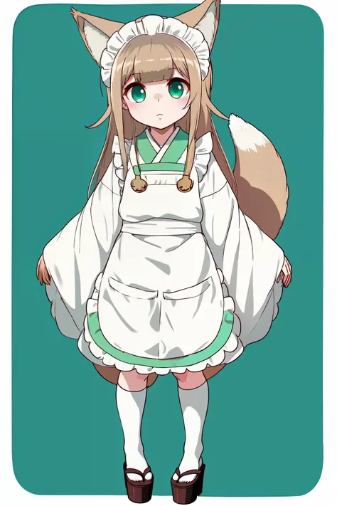 kinako,  animal_ear_fluff, animal_ears, apron, aqua_eyes, bangs, blunt_bangs, eyebrows_visible_through_hair, fox_ears, fox_tail, frilled_apron, frills, full_body, green_eyes, green_kimono, japanese_clothes, kimono, long_hair, long_sleeves, maid_apron, maid_headdress, sandals, simple_background, solo, standing, tabi, tail, wa_maid, white_apron, white_background, white_legwear, wide_sleeves, zouri <lora:kinako_v1:1>