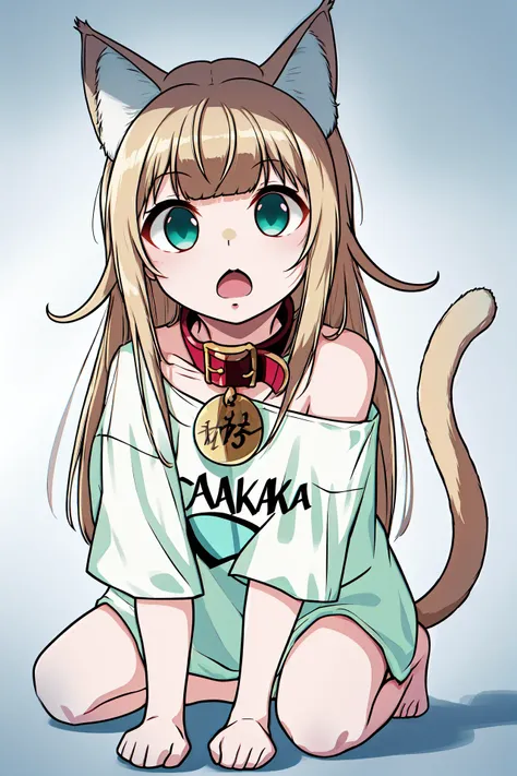 kinako, 1girl, animal_collar, animal_ear_fluff, animal_ears, aqua_eyes, bangs, barefoot, bell, blonde_hair, blunt_bangs, cat_ears, cat_girl, cat_tail, collar, full_body, long_hair, off_shoulder, red_collar, shirt, simple_background, solo, t-shirt, tail, white_background, white_shirt <lora:kinako_v1:1>