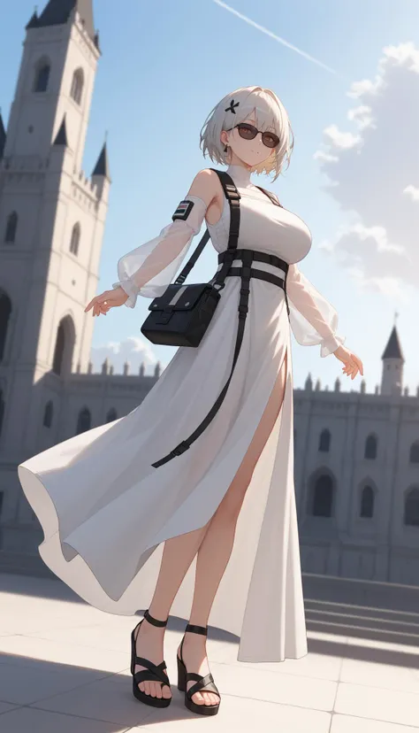 score_9, score_8_up, score_7_up, depth of field, natural light, light rays, raytracing, 4k, intricate details, 1girl, kroos the keen glint \(arknights\), arknights, as a ((cybernetic surgeon)) wearing an astronaut armor,dressed in white dress,black sandals,dark sunglasses,textured fabric,sheer sleeves,leather bag,blurred setting,neutral colors,outdoor environment,Standing pose,facing camera,slight tilt,centered subject,eye-level shot,straightforward angle,natural lighting,in a castle in the clouds,dramatic , mature female, (sagging breasts:0.5), large breasts, rating: explicit, nsfw