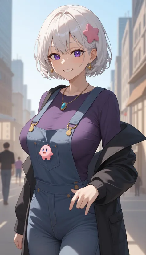 score_9, score_8_up, score_7_up, depth of field, natural light, light rays, raytracing, 4k, intricate details, 1girl, kirby, kirby \(series\), as a ((barber)) sporting (elbow-length gloves),dressed in black jacket,purple shirt,denim overalls,white hair accessory,cream cardigan,simple necklace,blurry cityscape,glass balustrade,indoor setting,standing straight,left hand raised,smiling at camera,natural lighting,mid shot,soft focus,within the walls of a dreamer's fortress,dramatic , mature female, (sagging breasts:0.5), large breasts, rating: explicit, nsfw