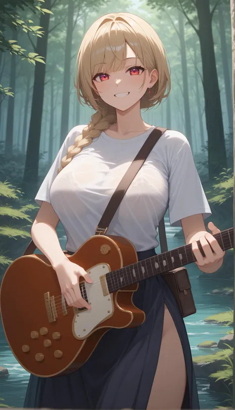 masterpiece, best quality, ultra-detailed, illustration, an extremely delicate and beautiful,high resolution, ultra-detailed,,perfect face,slender perfect body, Tight belly,Toned buttocks,Constricted waist,,(girl plays the guitar:1.7),15yono make,(yellow hair),(braided hair),(rock and roll star:1.3),(big smile),(open shirt:1.2),(tattoo on thigh:1.3),(very short hair), shy , short stature,(rock and roll star:1.3),(big breasts),(on a luxurious stage), (band girl),((very wide shot )),( sweaty skin:1.2),(low view:1.5),(spread legs:1.3),white panties