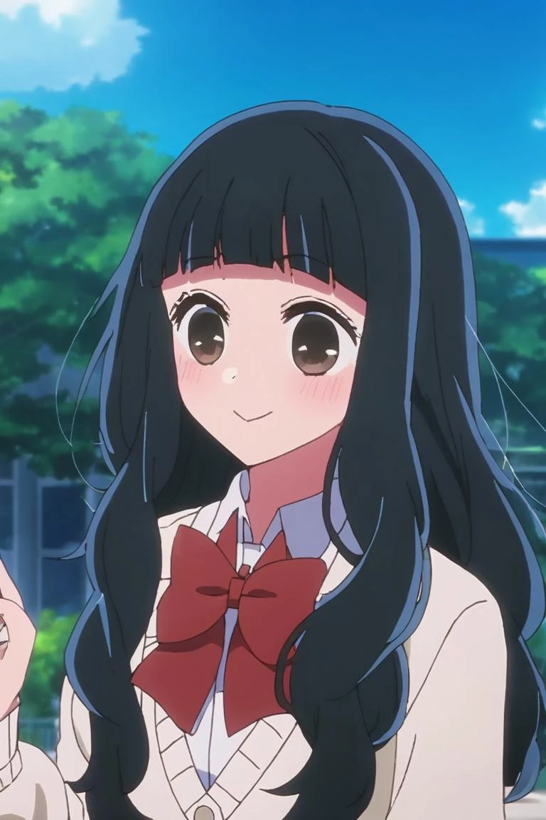sumiyuki, 1girl, solo, long hair, black hair, (smile:0.5), bow, brown eyes, blunt bangs, bangs, cardigan, school uniform, red bow, bowtie, shirt, upper body, blush, wavy hair, white shirt, red bowtie
<lora:oshinoko_sumiyuki_lora (SDXL-PotatoXL) (512, 640, 768, 896):0.9>