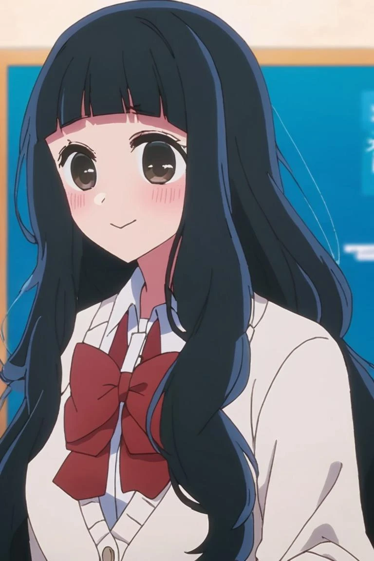 sumiyuki, 1girl, solo, long hair, black hair, (smile:0.5), bow, brown eyes, blunt bangs, bangs, cardigan, school uniform, red bow, bowtie, shirt, upper body, blush, wavy hair, white shirt, red bowtie
<lora:oshinoko_sumiyuki_lora (SDXL-PotatoXL) (512, 640, 768, 896):0.9>