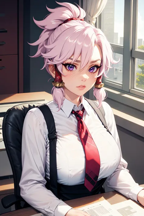 (masterpiece, best quality), indoors, office, upper body, 1girl, solo, KayeBlushySpicy, scar on nose, freckles, purple eyes, white hair, pink hair, hair between eyes, ponytail, hair tubes, large breasts, <lora:KayeBlushySpicy_V1-Manityro-Dadapt:1>, toned, (striped shirt), collared shirt, red suspenders, (checkered necktie), focused stare, desk, long sleeves,